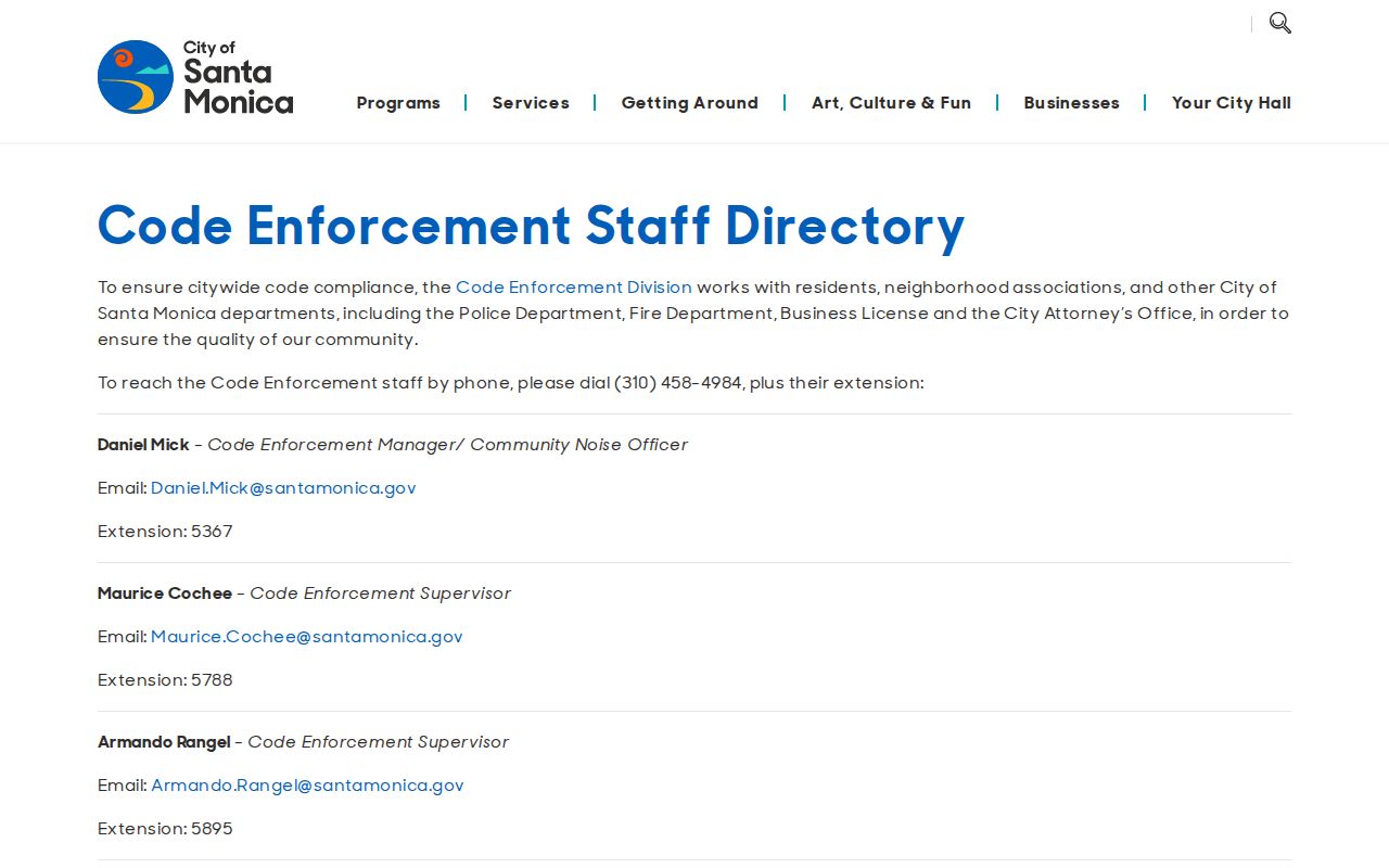 Santa Monica people directories Code Enforcement staff listing