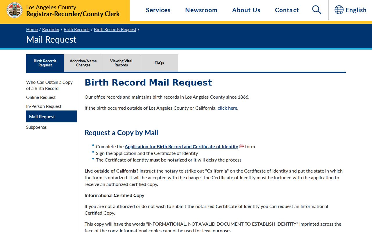 Santa Monica public records page for Los Angeles County birth certificate mail requests