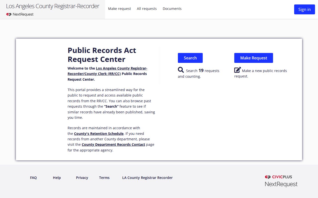 Santa Monica public records access through the Los Angeles County RR CC request portal